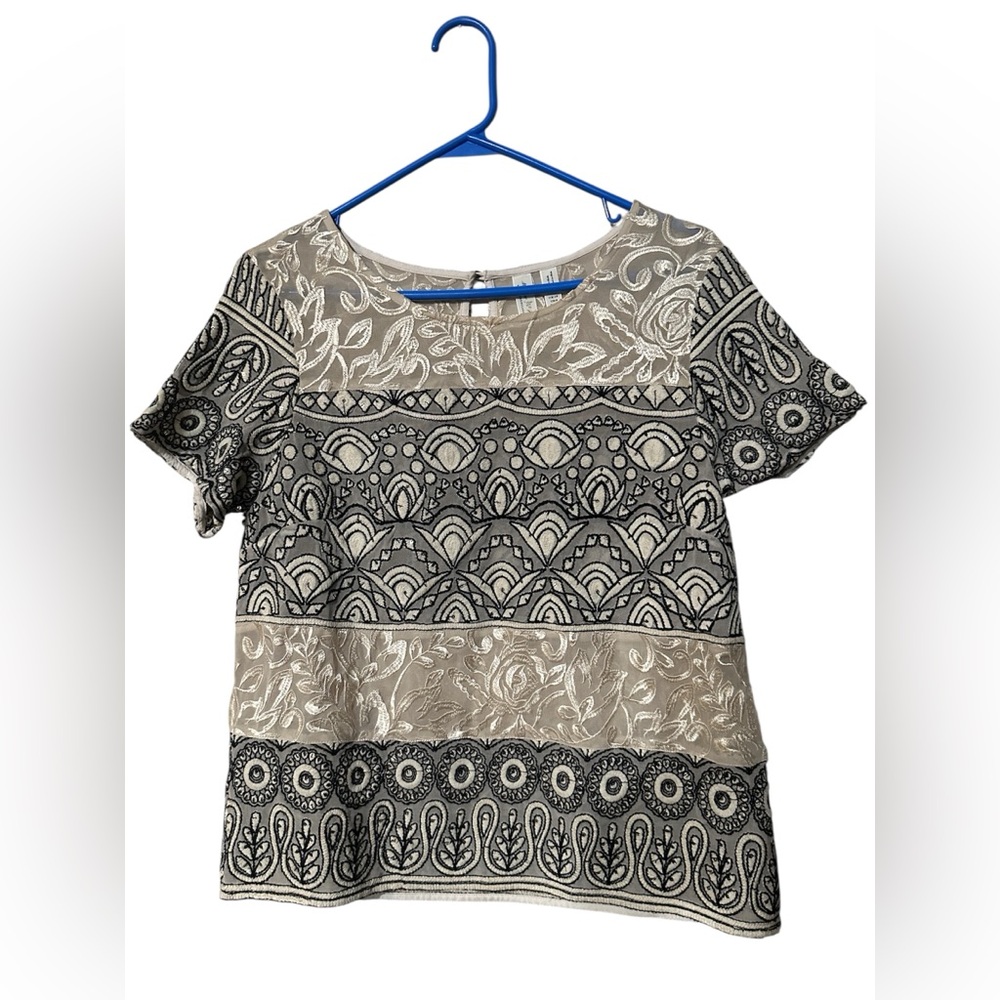 Anthropologie Black and Cream Patterned Blouse